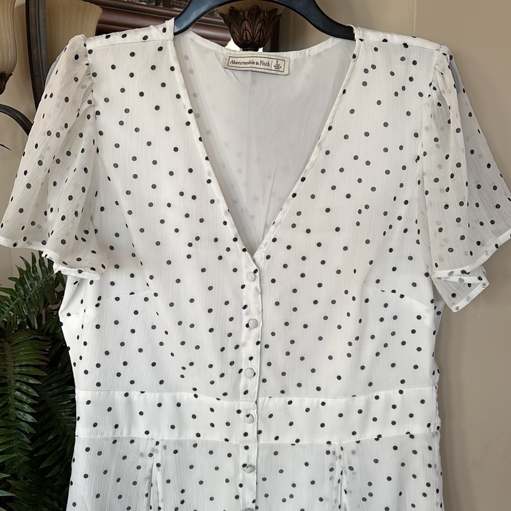 Abercrombie & Fitch White & Black Polka Dot Button Up V-Neck Dress Sheer Lined - Picture 6 of 15